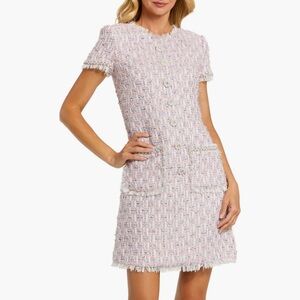 Mac Duggal Crystal Floral Button Detail Tweed Minidress